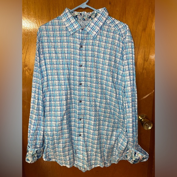 Robert Graham Men’s Casual Button Down Shirt 3XL White/Blue Check w/ Bright Cuff - Picture 1 of 5